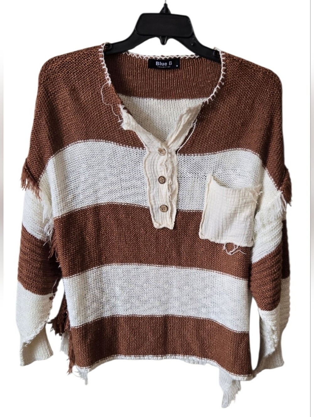 Blue B Collection Boho Striped Fringed Henley Sweater Sze M Distressed Brown#134